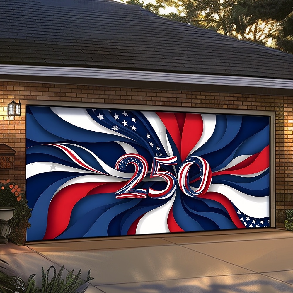 4. července 2026 250. výročí Pamětního dne Kryt na garážová vrata Velký závěsný pozadí Americká vlajka Vintage 3D vlastenecká party venkovní pozadí pro focení dekorace na vchodové dveře 2026 - $59.99 –P5