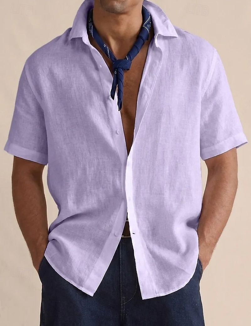 Men's Shirt Linen Shirt Button Up Shirt Solid Color Vacation Street Black White Yellow Light Green Short Sleeve Shirt Collar Summer Spring Clothing Apparel Buttons 2026 - $22.99 –P8