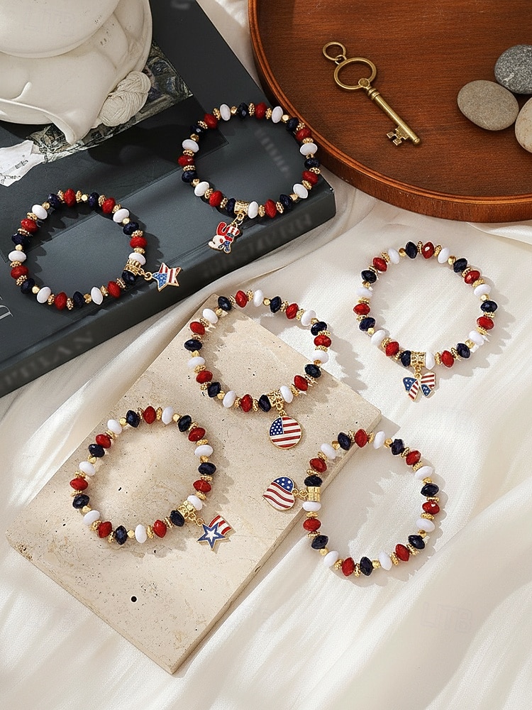 Women's Alloy & Acrylic Patriotic Charm Bracelet, Stretch Beaded Bracelet in Multi Pendant Styles for America 250th Celebration, Independence Day and Daily Casual Wear 2026 - $7.99 –P6