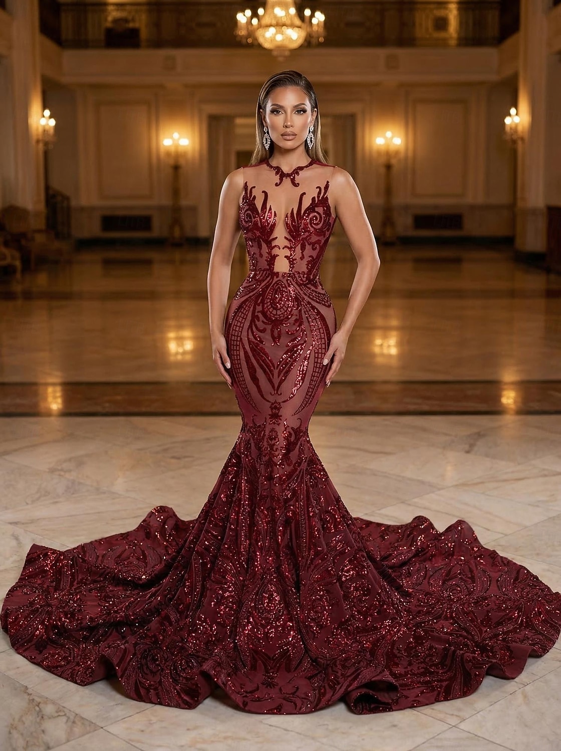 Corte Trompeta Sirena Cola barrida Trajes de gala Vestidos de noche Corte Cenicienta Vestimenta formal Elegante Sin Mangas Escote de ilusión Carnaval Formal afroamericano Lentejuelas con Lentejuela 2026 - $287.49 –P12
