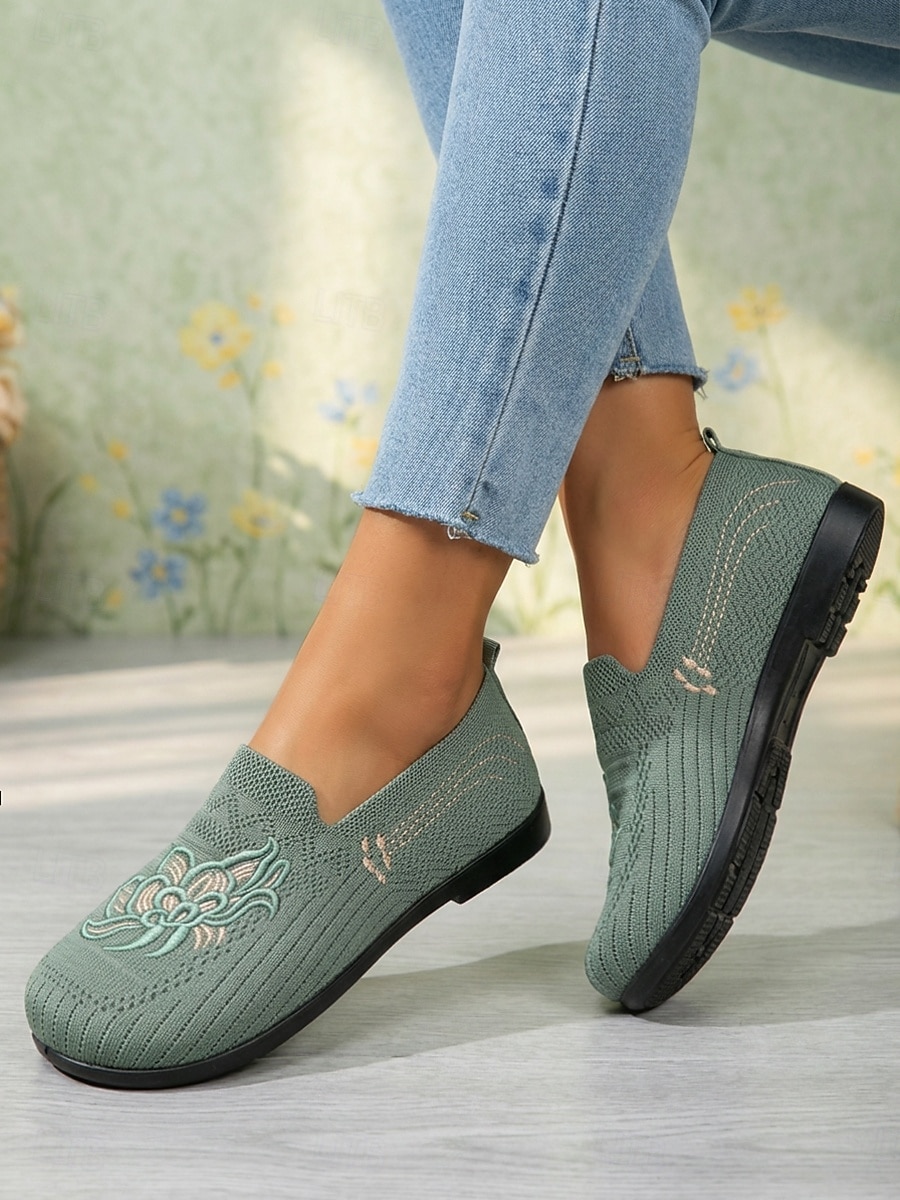 Women's Green Comfort Embroidered Knit Slip-on Shoes – Breathable Lightweight Casual Loafers for Travel, Home & Daily Wear 2026 - $19.99 –P4