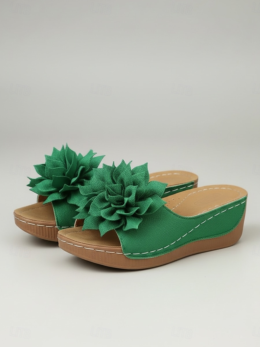 sandali da donna con zeppa verde e dettagli floreali – comode scarpe estive aperte per l'uso casual, quotidiano e in giardino del 2026 a $24.99 –P1