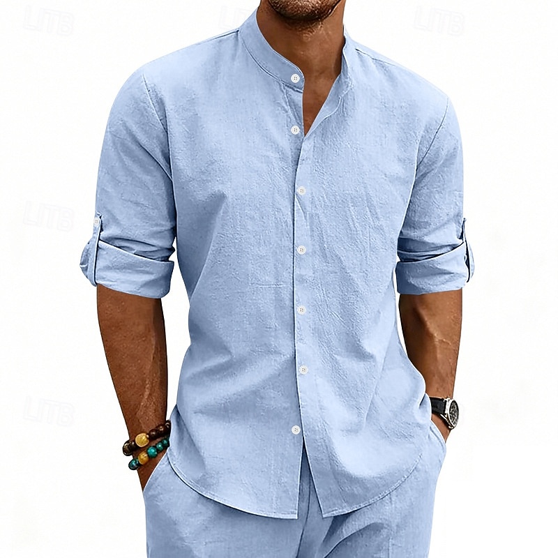 Per uomo Camicia Camicia di lino Camicia Estiva Abbigliamento da spiaggia Camicia con colletto alla coreana Camicia con Bottoni Semplice Casuale Vacanza Blu Nero Bianco Cachi Manica Lunga Colletto a del 2026 a $25.99 –P2