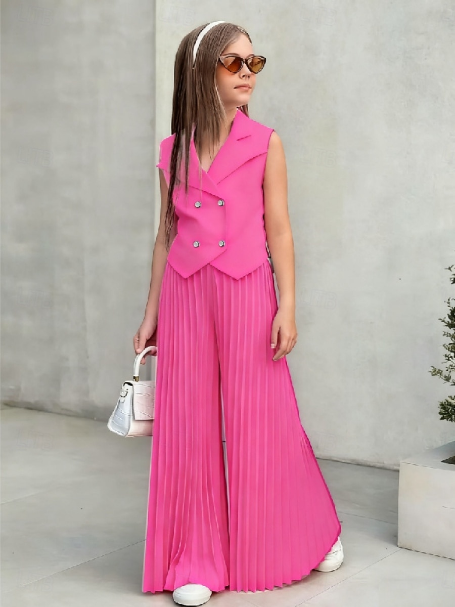 2 Pezzi Bambini Ragazze Tinta unica Arricciato Camicia & Pantaloni Impostato Senza Maniche Moda Casuale Dai 4 anni in su Estate Rosa scuro Bianco Rosa del 2026 a $27.99 –P7