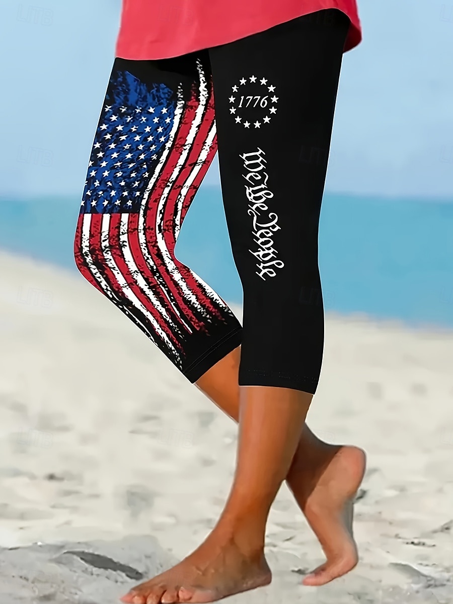 Amerikai függetlenség napja női capri nadrág leggings stílusos rugalmas vádlihosszúságú közepes derékú nadrág grafikus zászlómintás kényelem rugalmas mindennapi szabadtéri vakáció kék fekete fehér 2026 - $21.99 –P2