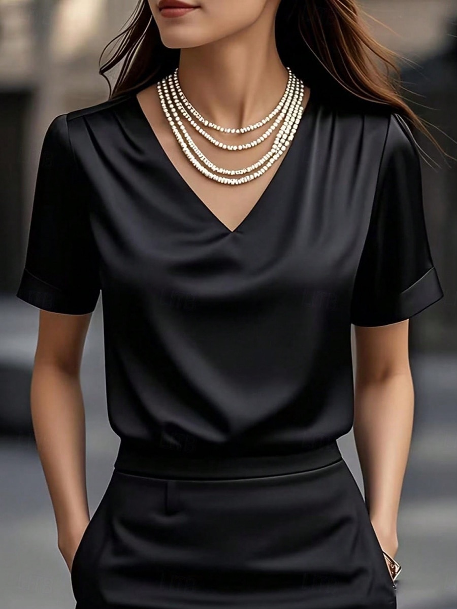 Γυναικεία Μπλούζα Συμπαγές Χρώμα Κομψό Στυλάτο Βασικό Κοντομάνικο Λαιμόκοψη V Κανονικά μπλουζάκια Καθημερινά Μαύρο Λευκό Κρασί Φούξια Πράσινο του τριφυλλιού Καλοκαίρι Άνοιξη 2026 - $21.99 –P3