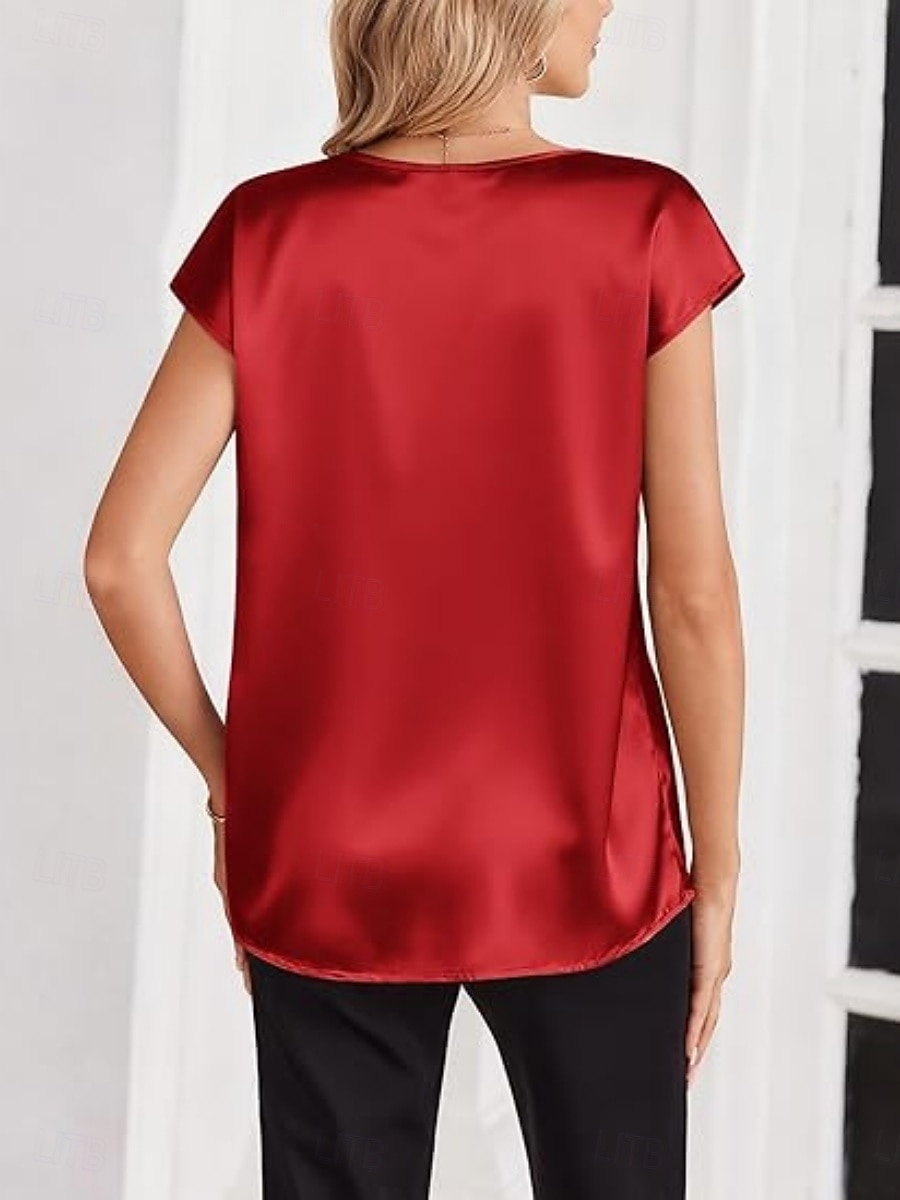 Dames satijnen top T-shirt Effen Elegant Modieus Stijlvol Korte mouw V-hals Normale tops Dagelijks Uitgaan Weekend Champagne Goud Wijn Rood Koffie Zomer Lente 2026 - $19.99 –P16
