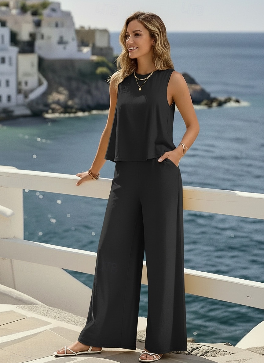 Per donna Set di biancheria in cotone Set da due pezzi Blusa Pantaloni Senza Maniche Girocollo Tinta unica Elegante Moda Streetwear Casuale Quotidiano All'aperto Nero Giallo Blu marino scuro Estate del 2026 a $38.99 –P4