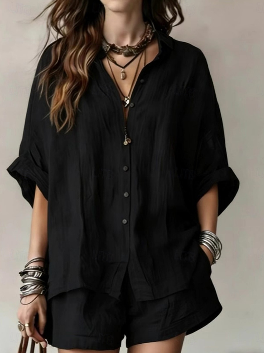 Mujer Conjunto con tacto de lino Conjuntos de lino y algodón Conjuntos de pantalones cortos Manga Corta Cuello Camisero Plano Moda Ropa de calle Casual Diario Exterior Negro Blanco Rosa Verano Holgado 2026 - $43.99 –P2