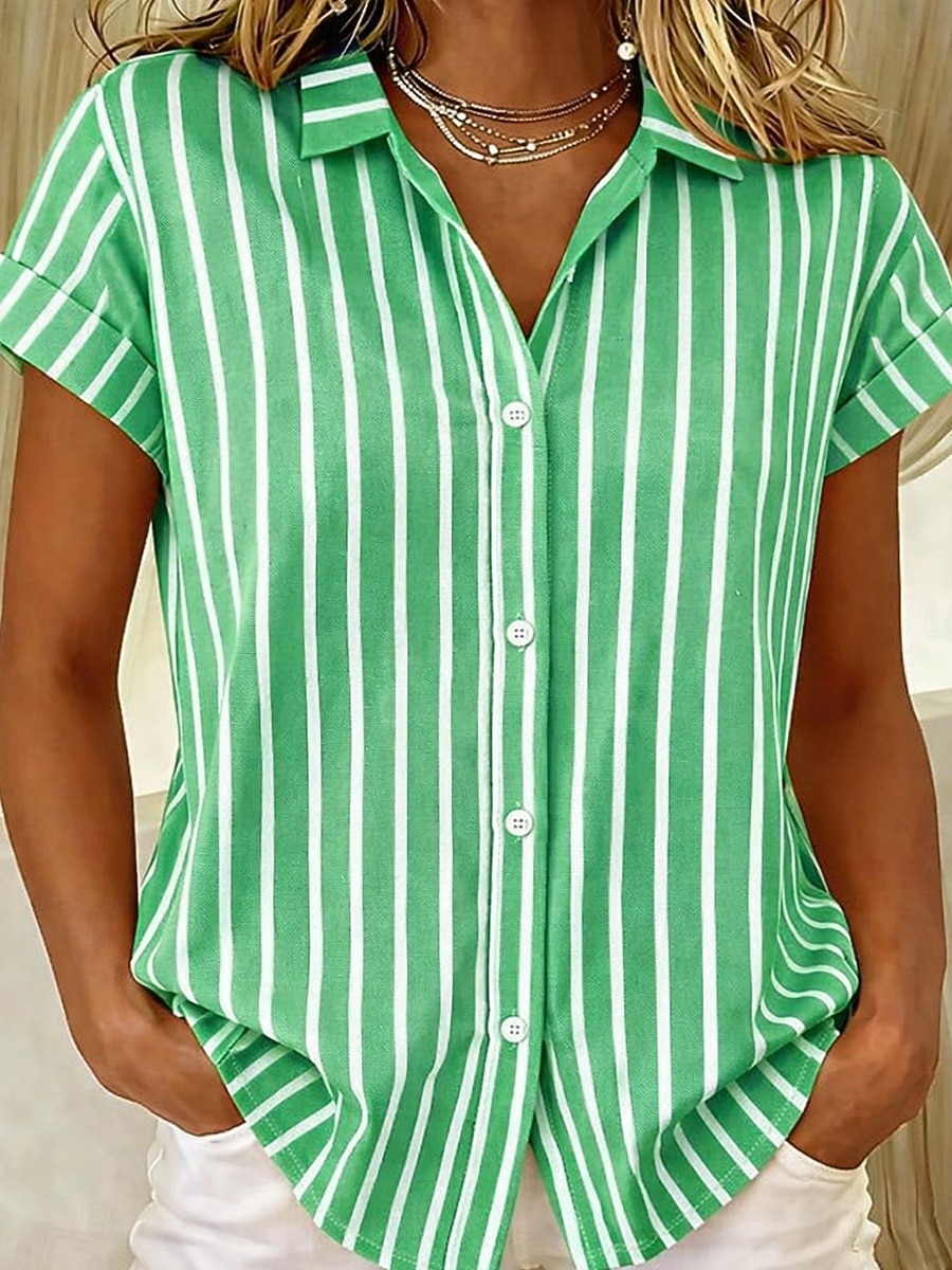 Maglietta da Donna Manica Corta Grafica Geometrica Striata Vintage Tropicana Elegante Senza Maniche Colletto Lungo Top Giornaliero Blu Nero Rosa Arancione Verde Estate Primavera del 2026 a $26.99 –P4