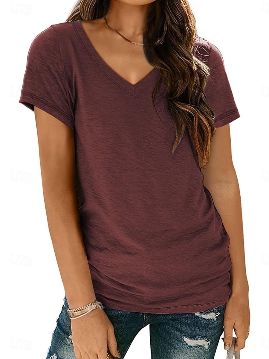 Per donna Maglietta Semplice Moda Elegante Classico Manica Corta Scollo a V Top Regolari Quotidiano Uscire Weekend Bianco Rosa Vino Blu marino Albicocca Estate Primavera del 2026 a $19.99 –P6