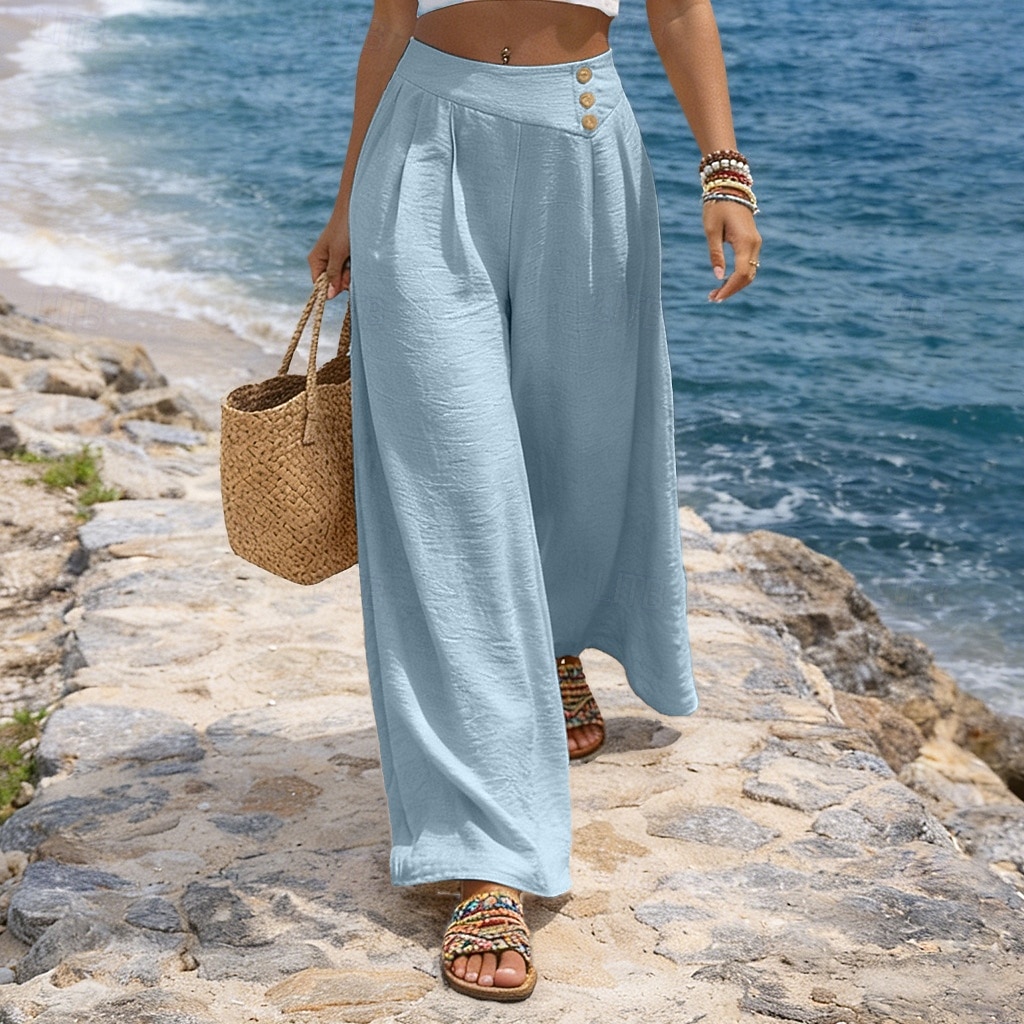 Women's Trousers Casual Pants Summer Pants Beach Pants Vacation Fashion Casual Daily Full Length Mid Waist Solid Color Plain Wide Leg Comfort Soft Breathable Inelastic Streetwear Beach Holiday Blue 2026 - $27.99 –P9