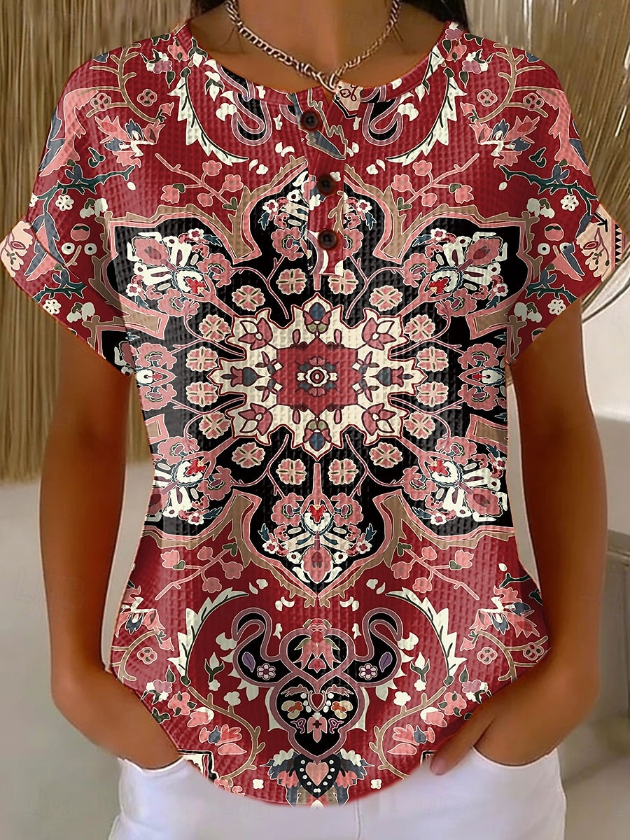 Naisten vohvelit-paita tulostus graafinen geometrinen vintage tyylikäs klassinen lyhythihainen crew-neck säännölliset yläosat päivittäiset valkoinen vaaleanpunainen punainen khaki kesä kevät 2026 - $24.99 –P2