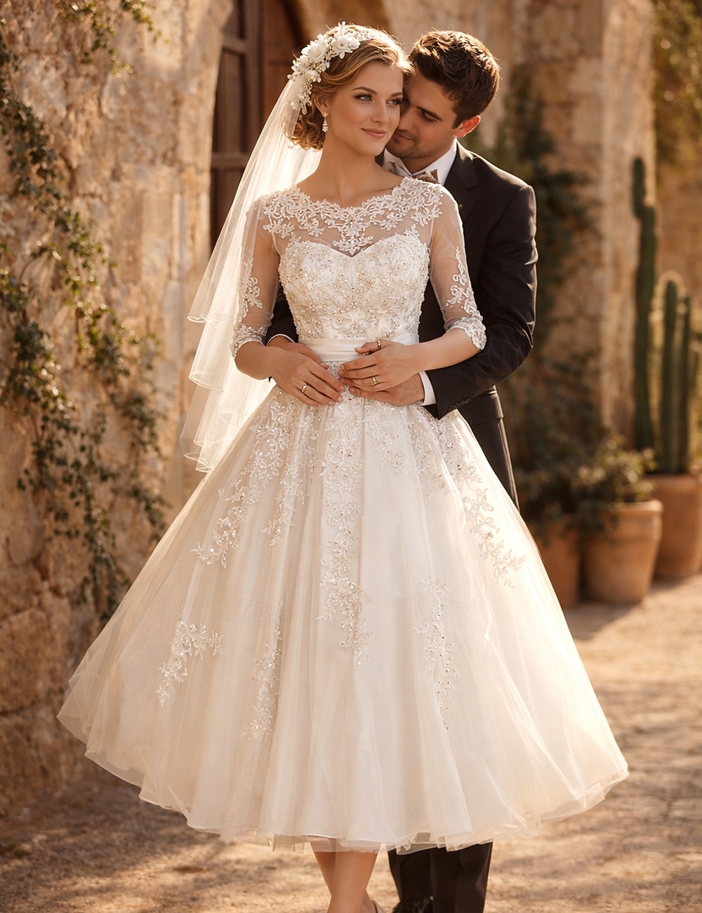 A-Linie Tee-Länge Hochzeitskleider Brautkleider Brautkleid Vintage 1940er / 1950er Kleine Weiße Kleider Dreiviertelarm Illusionsausschnitt Abschlussfeier Geburtstag Spitze Tüll mit Applikationen 2026 - $183.99 –P3