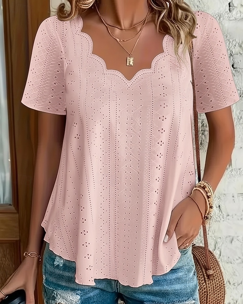 Women's Pointelle Shirt Eyelet Top Blouse Eyelet Plain Active Basic Casual Short Sleeve V Neck Regular Tops Casual Daily Beach Black White Yellow Pink Wine Summer Spring 2026 - $8.99 –P3