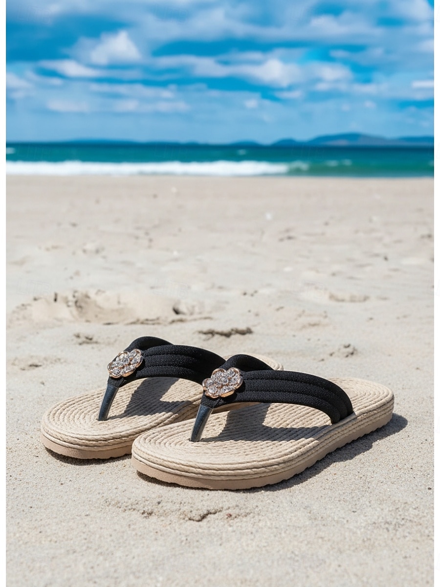 Women's Vibrant Fuchsia Flip Flops - Romantic Bohemian Thong Sandals with Crystal Flower Embellishment & Woven Texture Sole for Beach Vacations, Island Getaways & Summer Poolside 2026 - $19.99 –P1