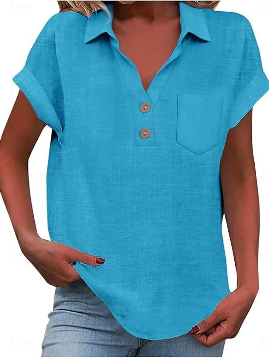 Women's Shirt Blouse Cotton Shirt Buttons Solid Color Vintage Classic Modern Short Sleeve Shirt Collar Regular Tops Daily Holiday Going out White Yellow Navy Blue Sky Blue Light Blue Summer Spring 2026 - $22.99 –P10