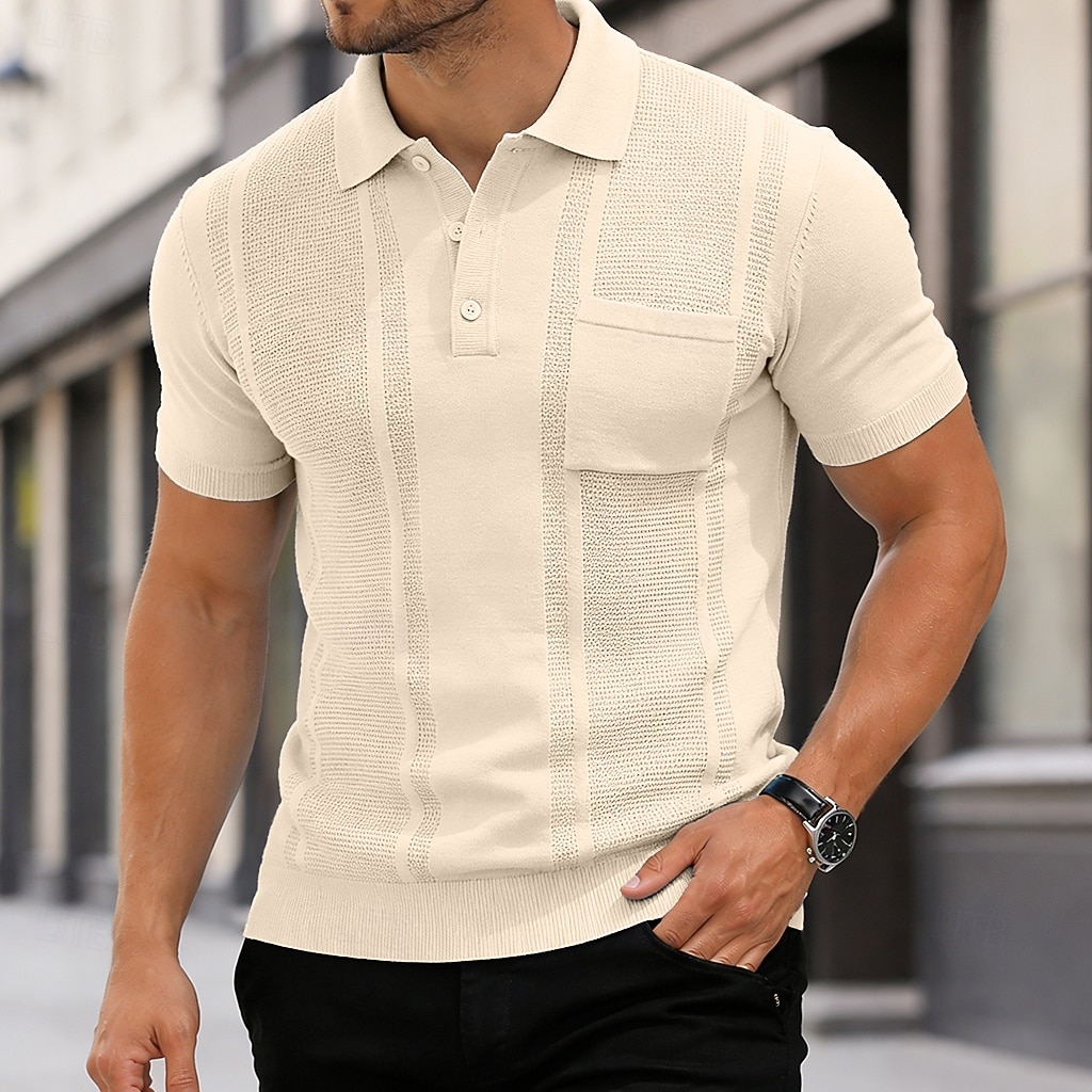 Homens Top de malha canelada Textura Casual Trabalho Lapela gola pólo com nervuras Manga Curta Básico Moderno Côr Sólida Tecido Botões Tricotado Primavera Verão Verão Primavera Normal Azul Marron de 2026 por $35.99 –P5