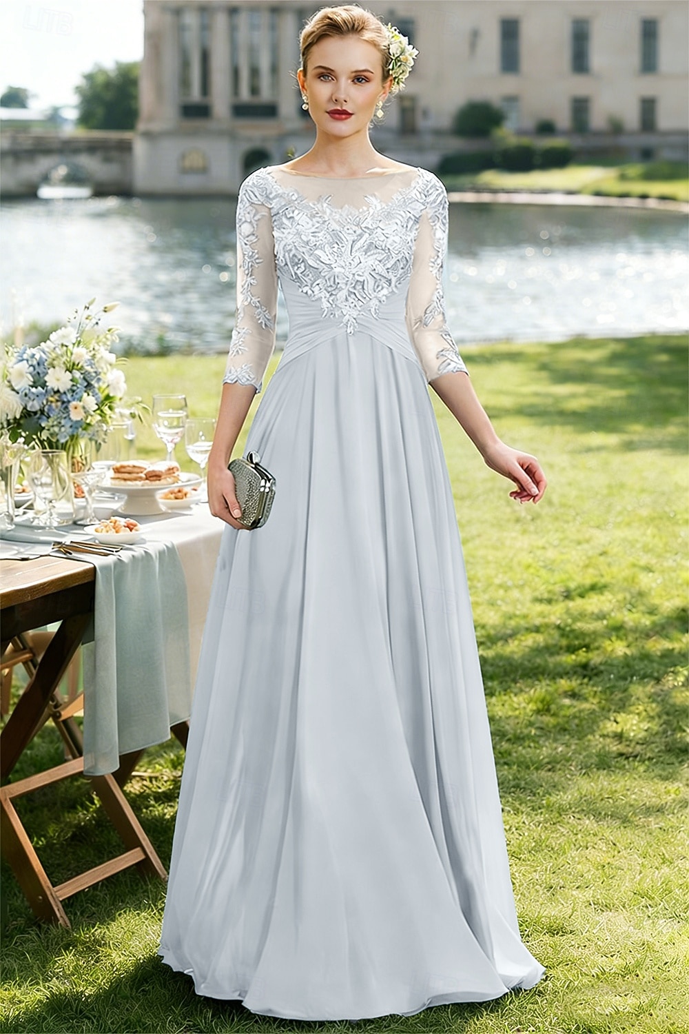 Linea ad A Lunghezza al pavimento Abito da invitata a nozze Abito Formale Abito da sera Abito da cerimonia per signora Manica 3/4 Collo gioiello Elegante Ricevimento di matrimonio Chiffon Pizzo con del 2026 a $195.99 –P5