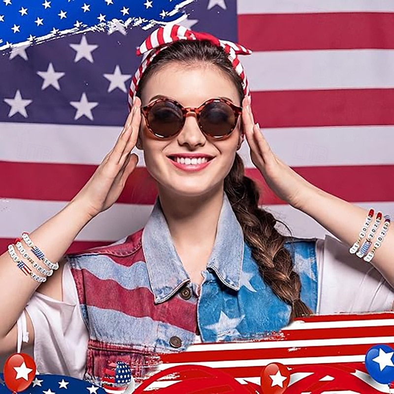 5 kpl Yhdysvaltain 250-vuotisjuhlan helmirannekorusetti, isänmaallisia puna-valko-sinisiä surf-tyylisiä joustavia rannekoruja, joissa on 1776–2026 helmiä ja minikokoinen Yhdysvaltain lippu, 2026 - $9.99 –P4