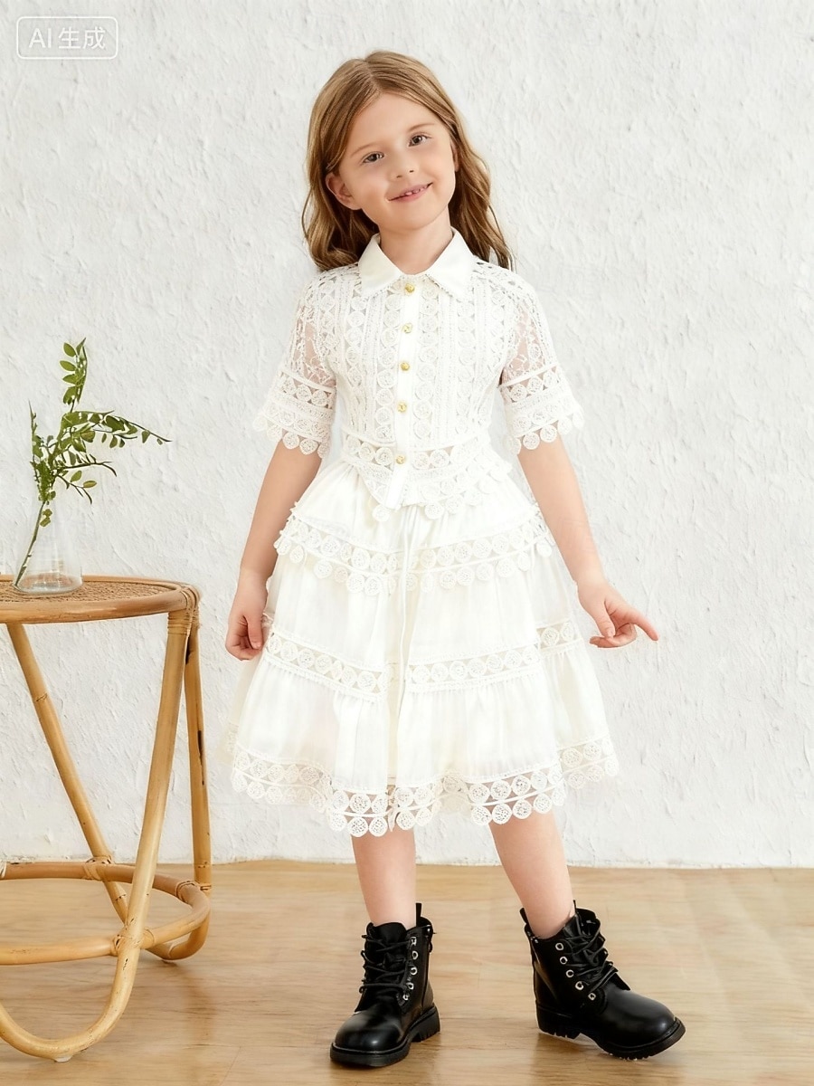 2 Pieces Kids Girls' Solid Color Lace Dress Suits Set Short Sleeve Fashion Outdoor 4 years+ Summer Blue White Pink 2026 - $40.99 –P6