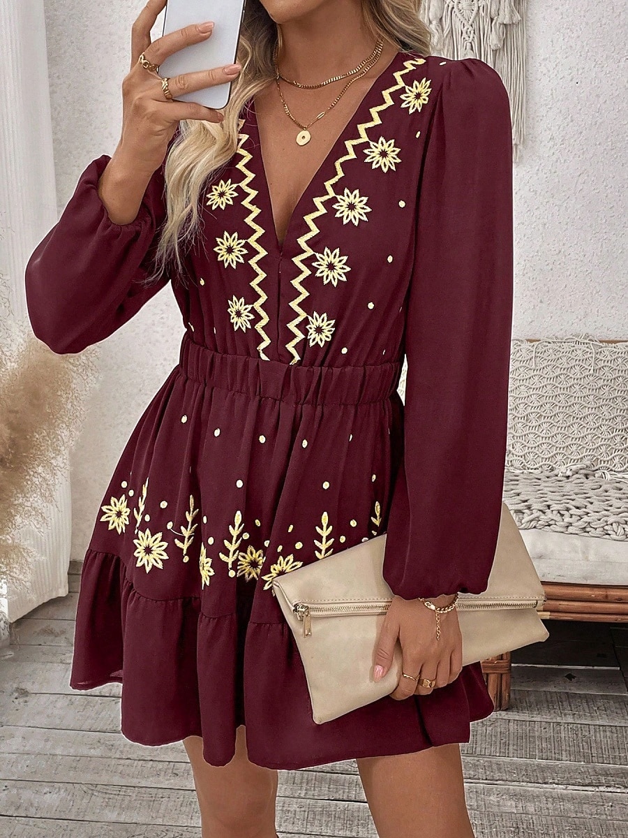 Damen Minikleid Boho-Kleid Freizeitkleid Elegant Mode Modern Outdoor Urlaub Ausgehen Normale Passform Blumen Langarm V Ausschnitt Schwarz Wein Rote Grün Sommer Frühling 2026 - $43.99 –P12