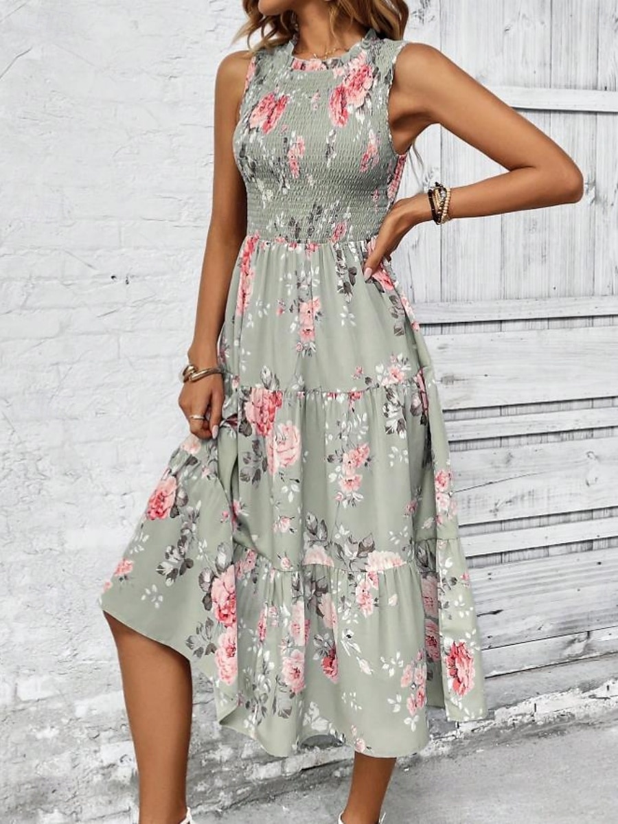 Damskie Sukienka midi Codzienne sukienki Sukienka A line Sukienka w kwiatki Elegancja Moda Nowoczesny Na zewnątrz Urlop Wyjściowe Regularny Kwiaty Bez rękawów Półgolf Niebieski Biały Rumiany róż Lato 2026 - $27.99 –P16