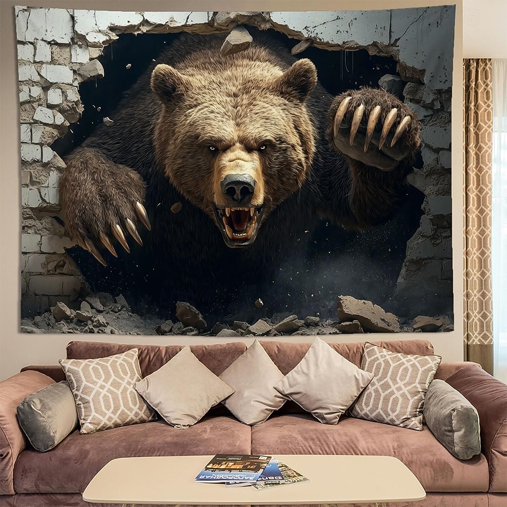 3D Realistic Grizzly Bear Wall Tapestry Fierce Wild Animal Breaking Through Wall Art Hanging Man Cave Decor Boys Room Game Room Backdrop Gift for Men 2026 - $20.99 –P3