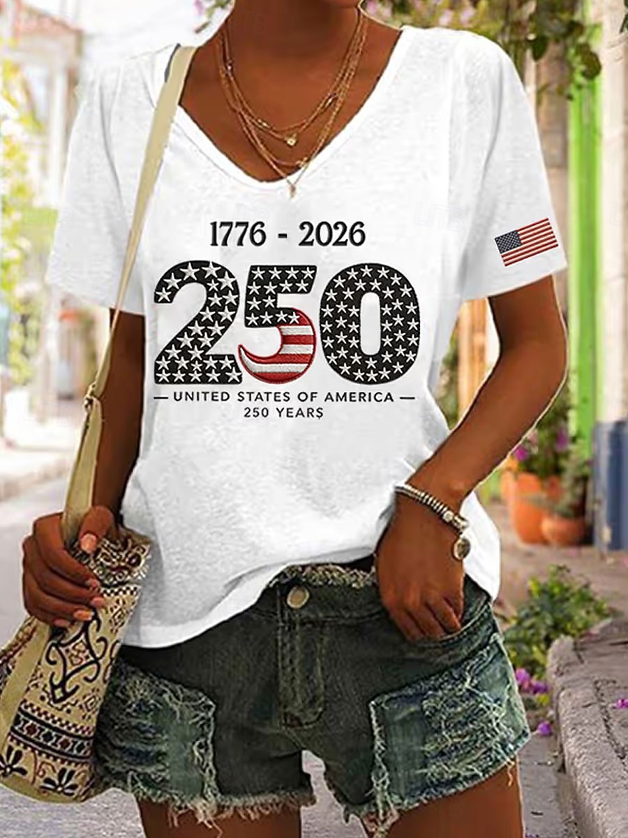 2026年 アメリカ独立記念日 女性用 Tシャツ プリント グラフィック フラッグ ヴィンテージ スタイリッシュ クラシック 半袖 Ｖネック レギュラートップス 日常 ブルー ブラック ホワイト 夏 春  コレクション – $21.99 –P4