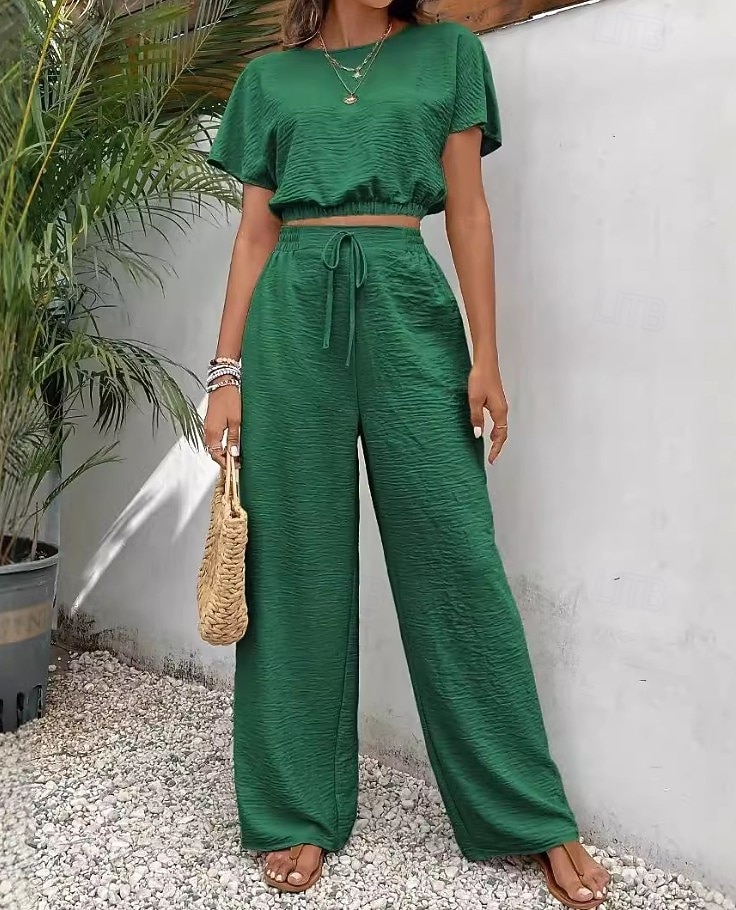 Damen Hosen-Sets Bolero Kurzarm Rundhals Einfach Kordelzug Mode Streetwear Lässig Täglich Outdoor Schwarz Weiß Hellgrün Sommer Normale Passform 2026 - $39.99 –P5