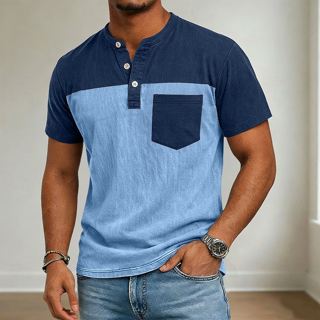 Herren Henley Hemd Hemd aus 100 % Baumwolle in Säurewaschung Kurzarm Henley Sommer Frühling Ganzjahres Farbblock Patchwork Retro Vintage Lässig Henley Patchwork Vintage-Stil Farbblock Lässig Blau Kaki 2026 - $35.99 –P3