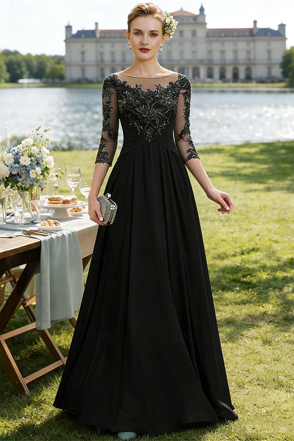Linea ad A Lunghezza al pavimento Abito da invitata a nozze Abito Formale Abito da sera Abito da cerimonia per signora Manica 3/4 Collo gioiello Elegante Ricevimento di matrimonio Chiffon Pizzo con del 2026 a $195.99 –P9