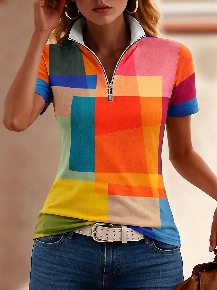 Mujer Camiseta Cremallera Cremallera de un cuarto Graphic Geométrico Bloque de color Tropical Hawaiano Elegante Manga Corta Cuello Alto Tops regulares boda en la playa Diario Deportes Azul Piscina 2026 - $25.99 –P3