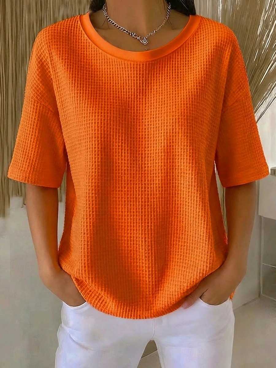 Жен. Вафельная рубашка Футболка Футболки Топы в вафельном вязании Сплошной цвет Классика Современное На каждый день С короткими рукавами Вырез под горло Обычные топы Повседневные Праздники На выход 2026 - $26.99 –P8