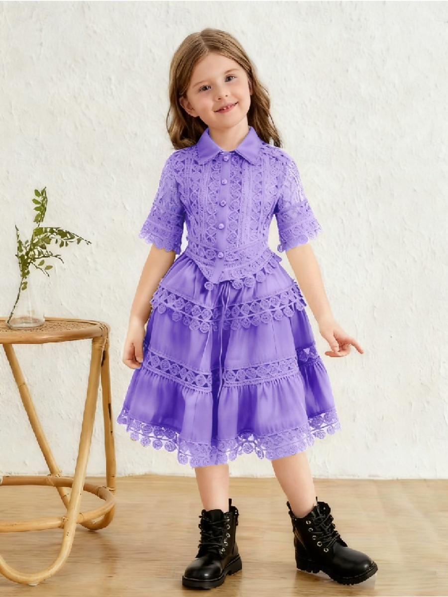 2 Pieces Kids Girls' Solid Color Lace Dress Suits Set Short Sleeve Fashion Outdoor 4 years+ Summer Blue White Pink 2026 - $40.99 –P10