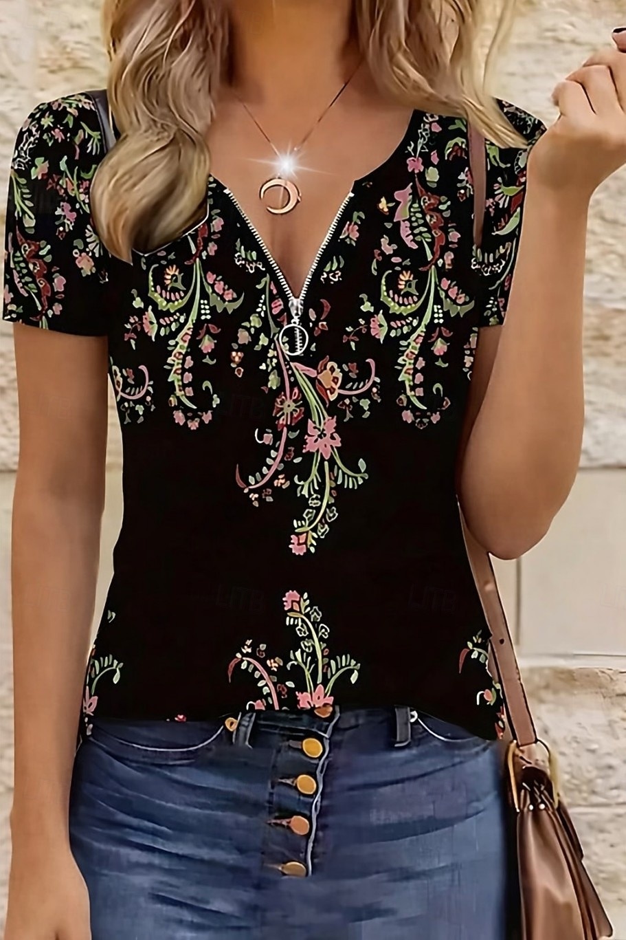 Women's T Shirt Zipper Quarter Zip Graphic Geometric Color Block Tropical Hawaiian Stylish Short Sleeve Crew Neck V Neck Regular Tops Daily Sports Going out Black White Summer Spring 2026 - $21.99 –P1