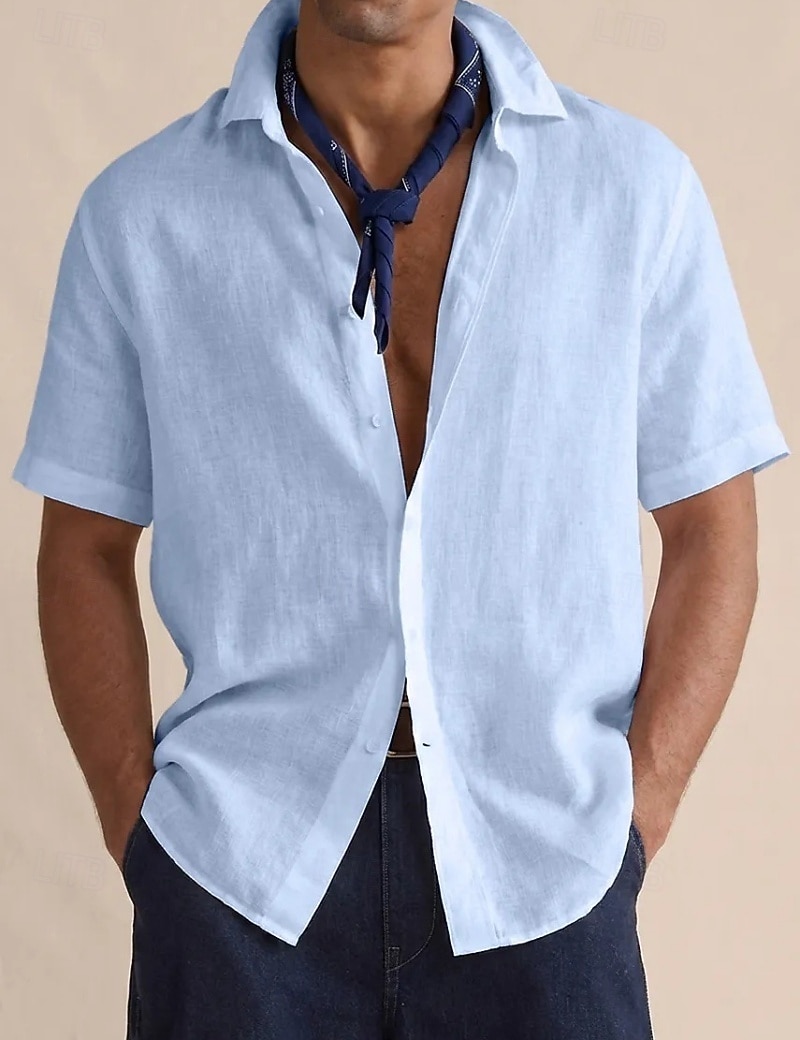 Men's Shirt Linen Shirt Button Up Shirt Solid Color Vacation Street Black White Yellow Light Green Short Sleeve Shirt Collar Summer Spring Clothing Apparel Buttons 2026 - $22.99 –P4