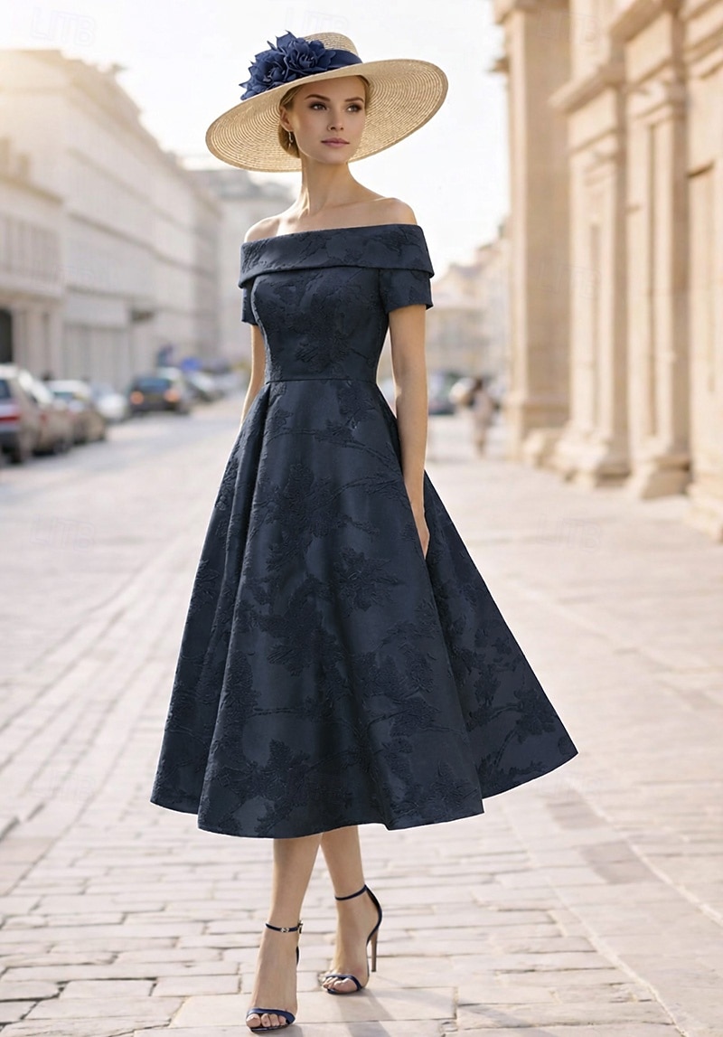 A-linje Te-lengde Gjestekjole til bryllup Formell kjole Derbykjole Kjole til brudens mor Kortermet Løse skuldre Elegant Pastell Formell Jacquard med Plissert 2026 - $164.69 –P4