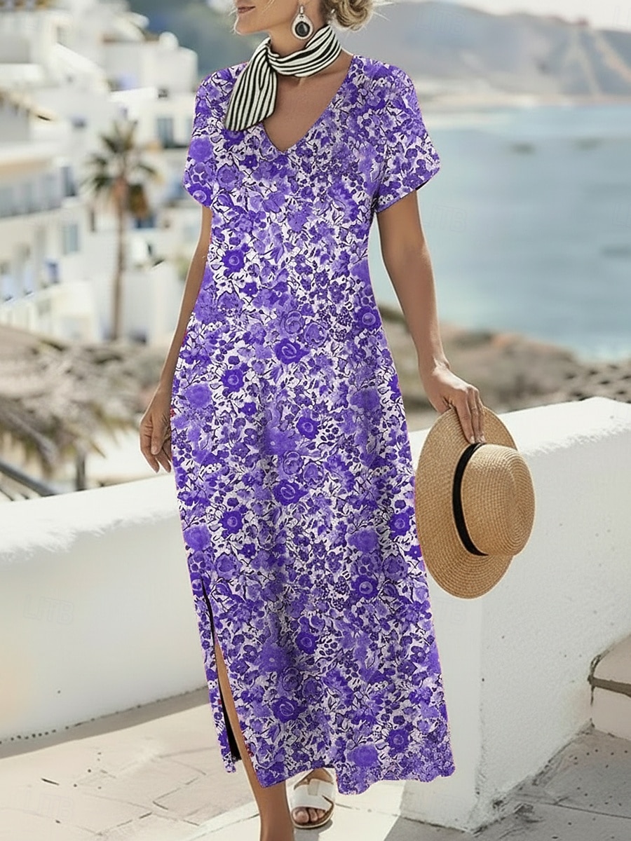 Per donna Abito maxi Abito Boho Vestito Casual Abito a trapezio Abito Stampato Vintage All'aperto Vacanza Weekend Vestibilità regolare Floreale Grafico Manica Corta Scollo a V Blu Viola Fucsia del 2026 a $25.99 –P6