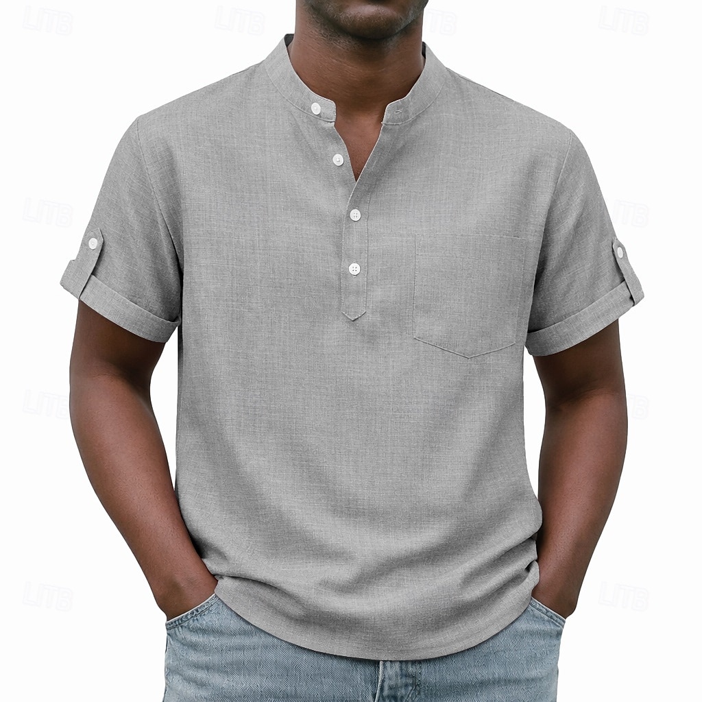 Men's Shirt Popover Shirt Casual Shirt Button Up Shirt Light Pink Black Yellow Light Green Pink Short Sleeve Plain Grandad Collar Casual Daily Clothing Apparel Elegant Fashion Casual 2026 - $26.99 –P6