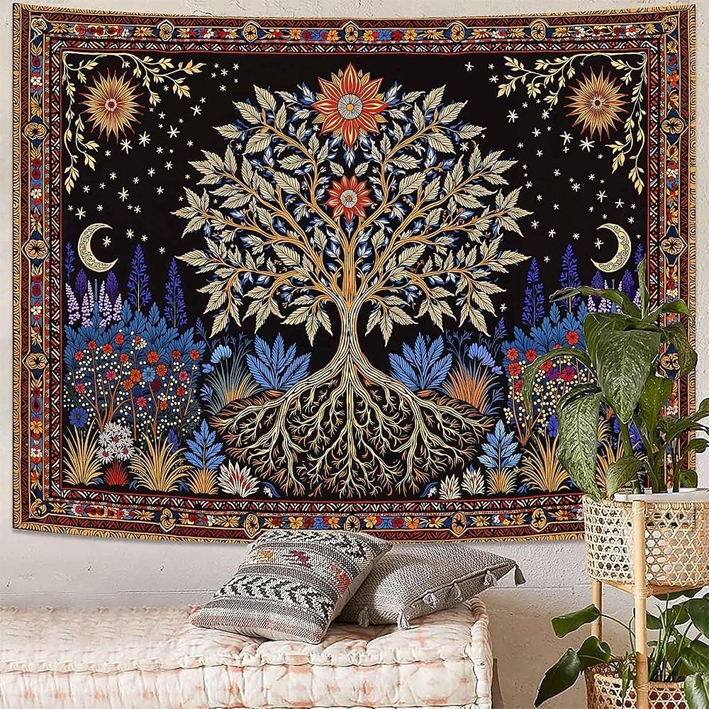 Tapiserie de perete boemă cu arborele vieții, artă populară, mandala, soare, lună, stele, grădină, model etnic floral, suspendată pentru sufragerie, dormitor, decor de cămin, fundal de artă de perete 2026 - $19.99 –P3