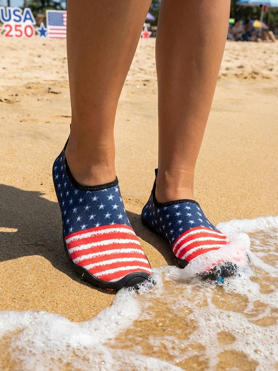 Zapatos acuáticos para mujer conmemorativos del 250.º aniversario de EE. UU.: bandera estadounidense patriótica roja y azul, de secado rápido, ideales para playa, natación, surf y navegación. 2026 - $24.99 –P7