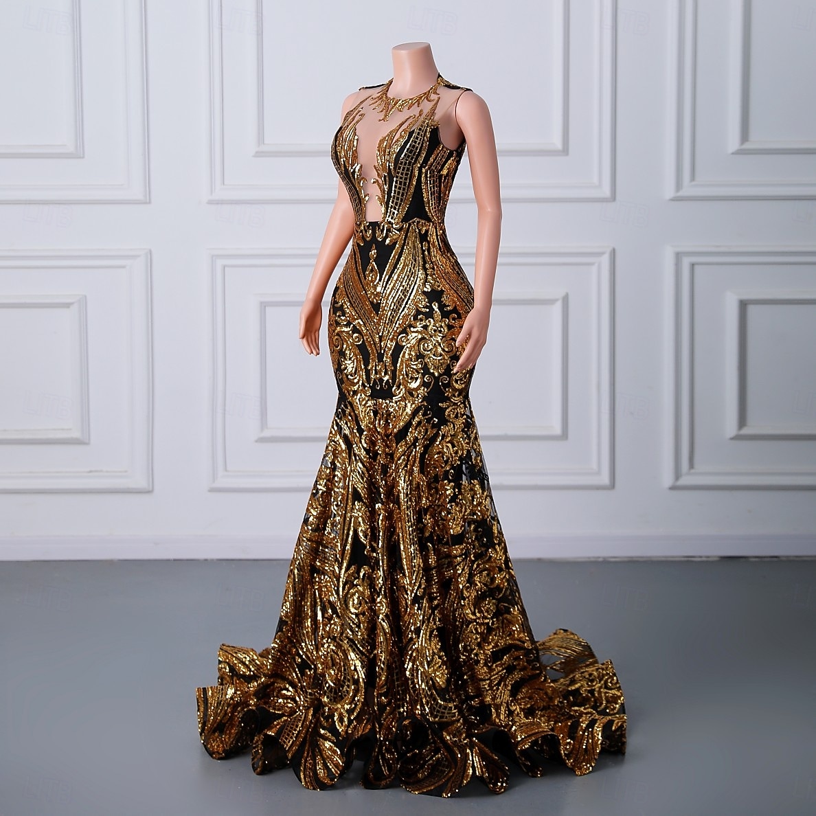 Corte Trompeta Sirena Cola barrida Trajes de gala Vestidos de noche Corte Cenicienta Vestimenta formal Elegante Sin Mangas Escote de ilusión Carnaval Formal afroamericano Lentejuelas con Lentejuela 2026 - $287.49 –P9