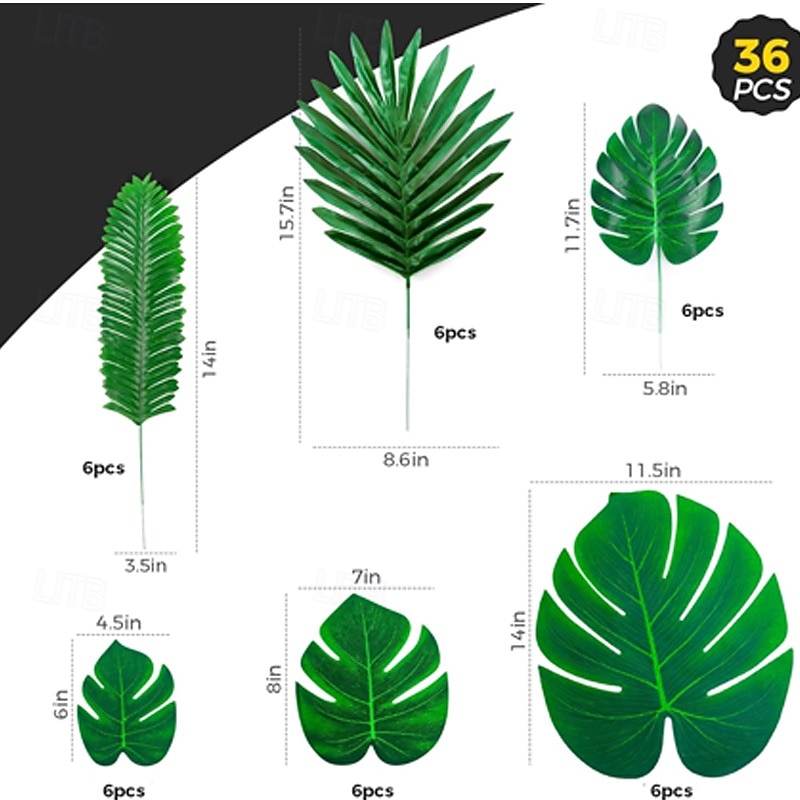 108 kusů palmových listů, umělých tropických monster - 6 druhů, velkých, malých, zelených, umělých palmových listů se stonky pro safari, džungli, havajskou luau, párty, dekoraci stolu, svatební, 2026 - $23.99 –P1