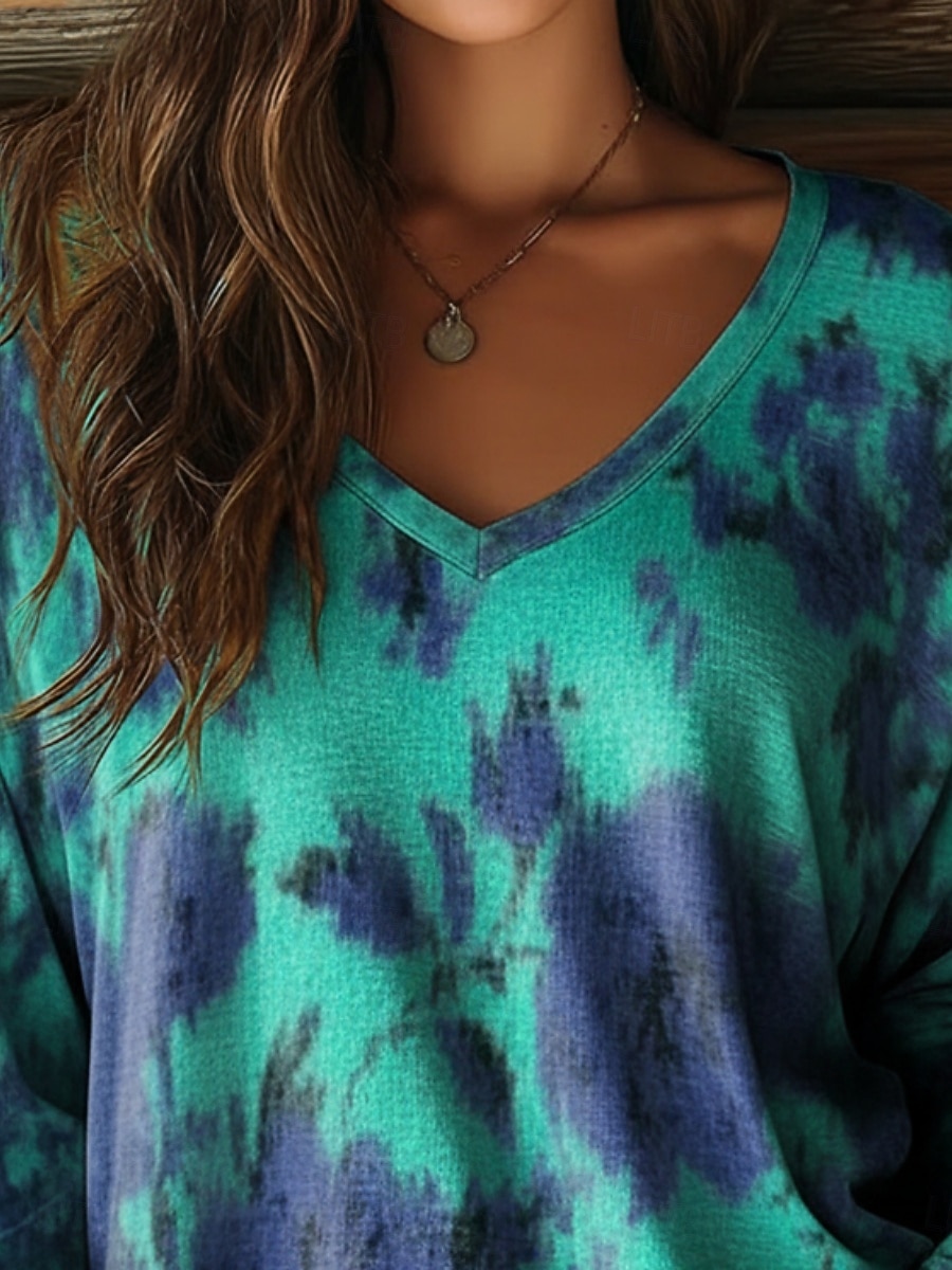 Damen T Shirt Druck Grafik Batik Vintage Lässig Boho Langarm V Ausschnitt Normale Oberteile Täglich Blau Sommer Frühling Herbst 2026 - $19.99 –P2