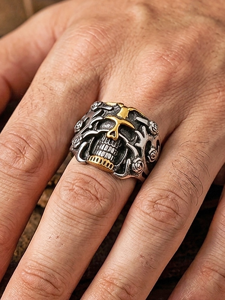 2026年 メンズ ステンレススチール ゴシック スカル リング、マルチサイズ バイカー パンク ステートメント バンド、花柄ディテール、カジュアルウェア、旅行、休暇、ハロウィン スタイリングに最適な大胆なファッション ジュエリー  コレクション – $9.99 –P4