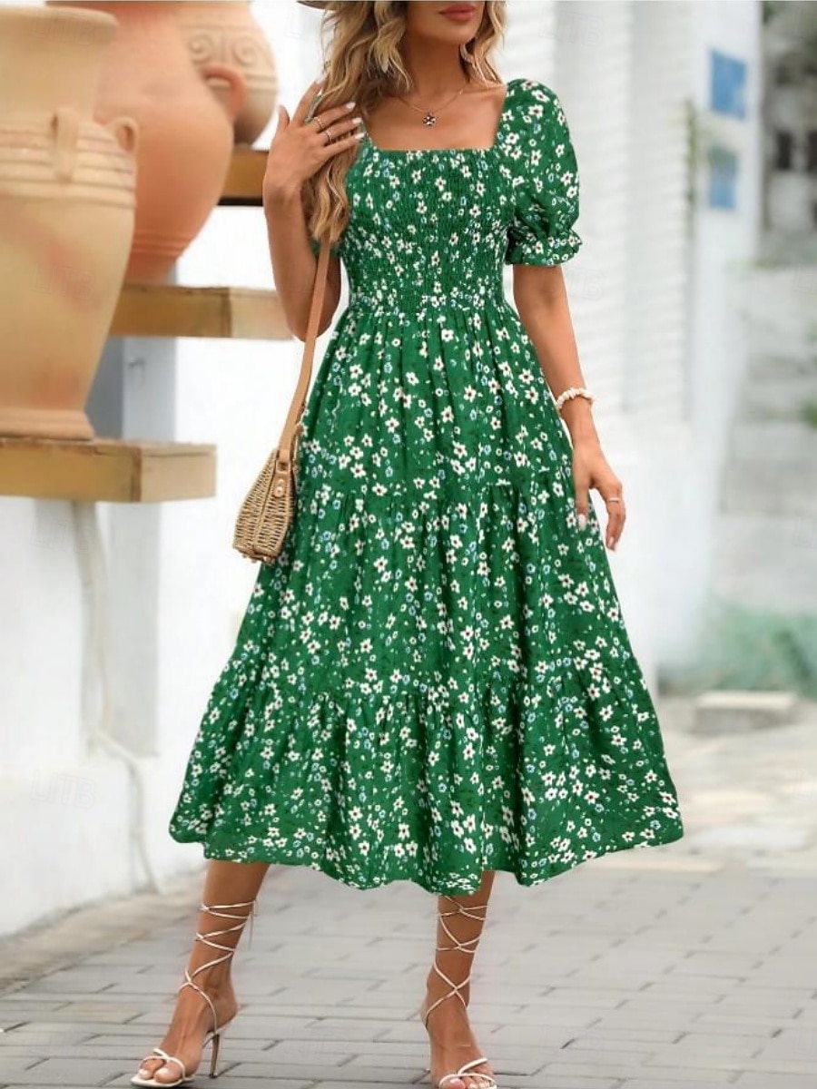 Women's Midi Dress Casual Dress Floral Dress Elegant Fashion Modern Outdoor Vacation Going out Regular Fit Floral Short Sleeve Square Neck Blue Black White Pink Summer Spring 2026 - $25.99 –P12
