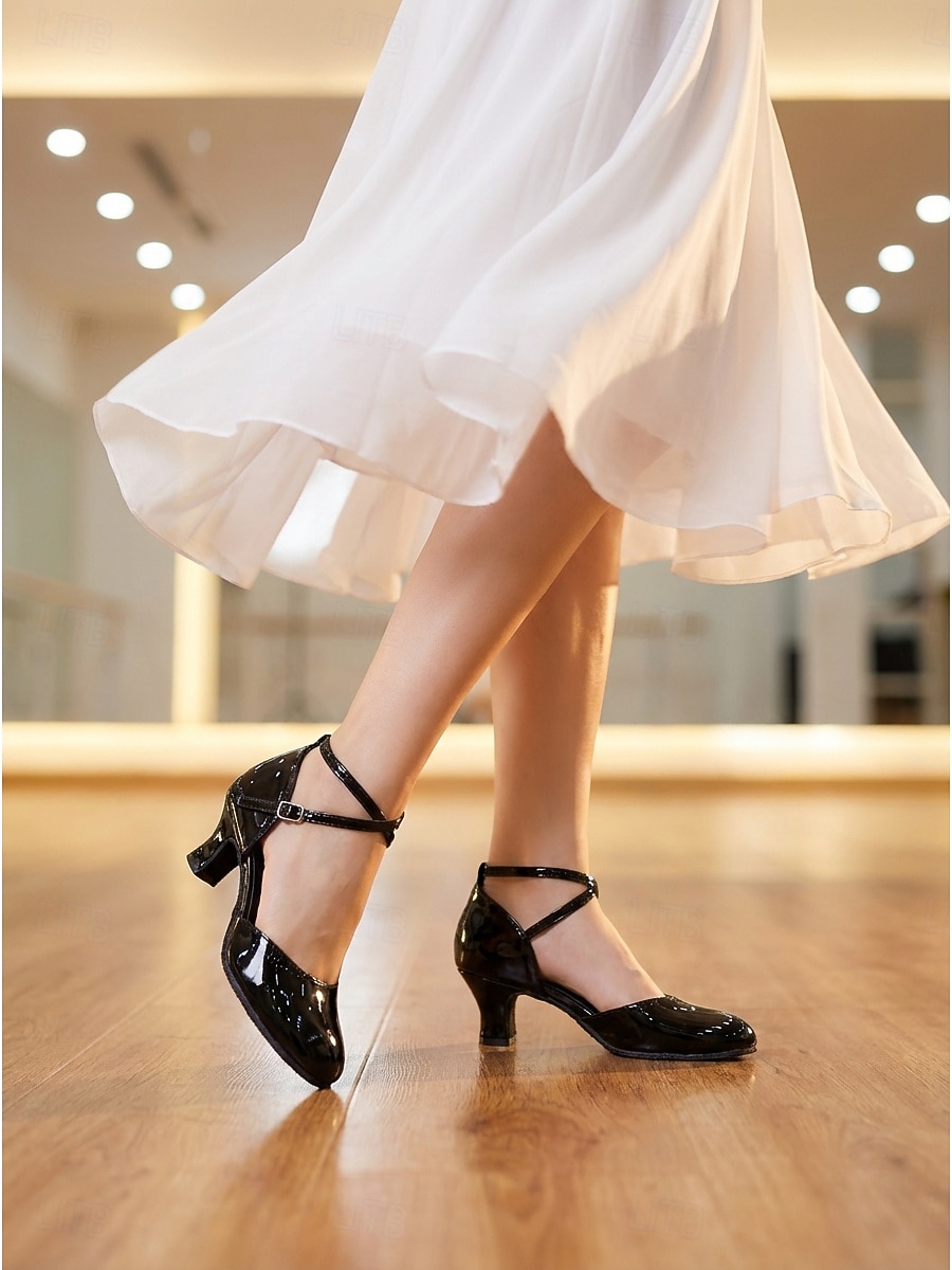 Zapatos de baile de salón para mujer, color burdeos charol, con tira cruzada, tacón bajo, estilo clásico para vals y foxtrot. &Tacones de baile cómodos y elegantes para practicar. 2026 - $34.99 –P3