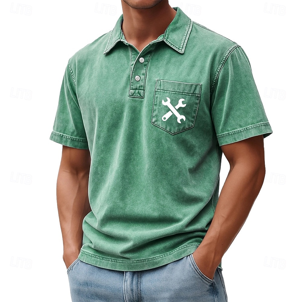 SoftFade™ Men's Graphic Acid Wash Shirt 100% Cotton Short Sleeve Polo Shirts Athleisure Pocket 3D Print Buttons Spring & Summer Blue Brown Green 2026 - $31.99 –P4
