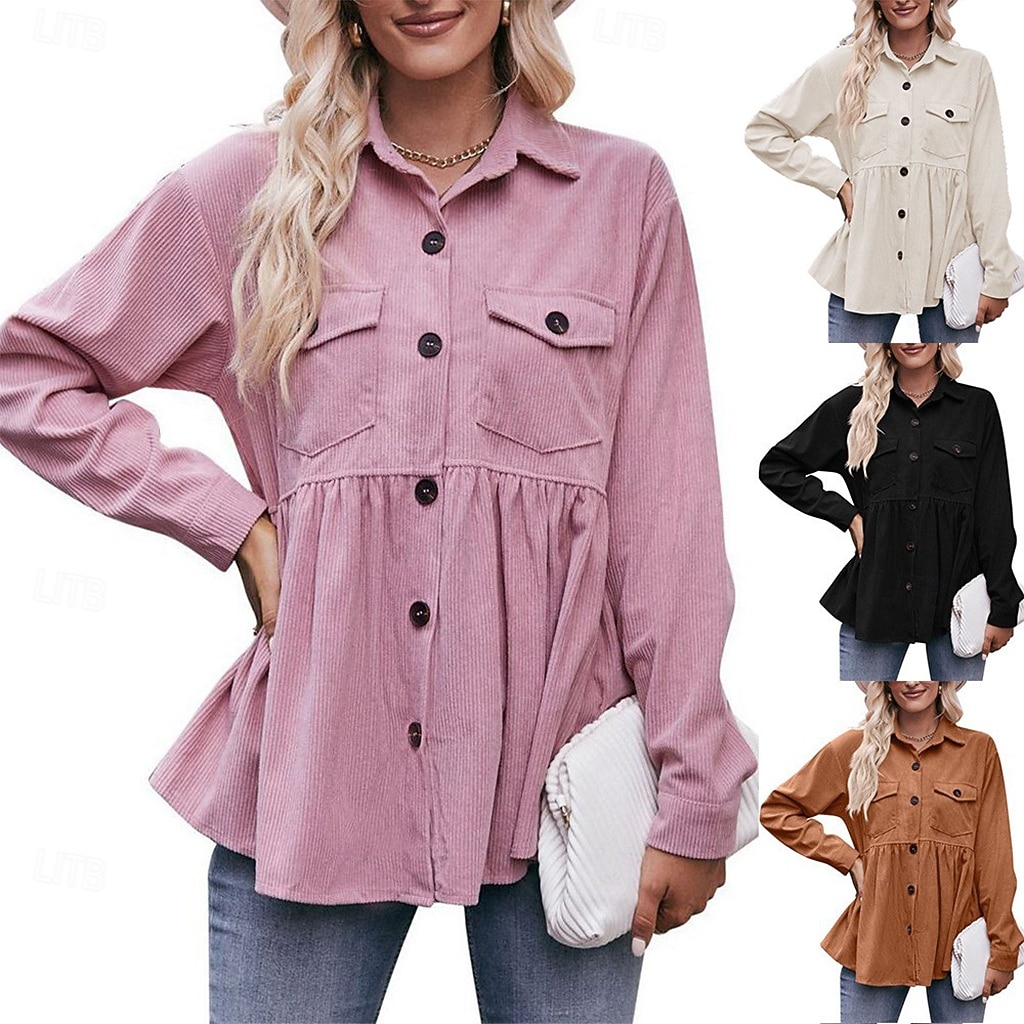 Mujer Camisa casual Camisa de Pana Abotonar la camisa Blusa Bolsillo Botones Color sólido Plano Vacaciones Vintage Moda Manga Larga Cuello Vuelto Tops regulares Diario Festivos Noche Negro Blanco 2026 - $33.99 –P1
